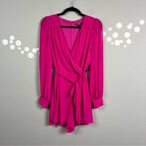 NWT Express Hot Pink Surplice Wrap Romper Long Sleeve Tie Waist Size XS